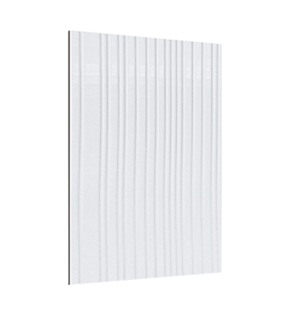 Multi-coloured fluted decorative laminate with vertical grooves and shore finish on a white background