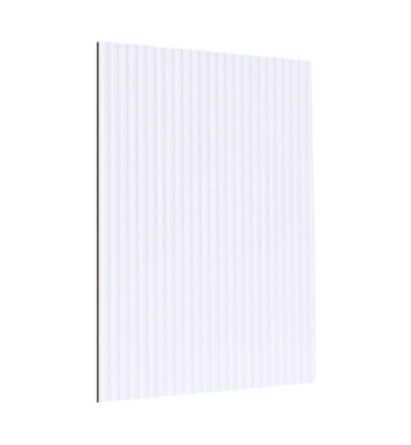 White decorative laminate with fluted pattern and strand finish, showing vertical ridges and thin edge profile on plain