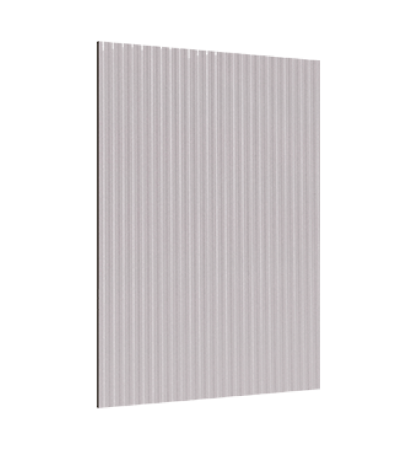 Grey decorative laminate with fluted pattern and strand finish, showing vertical ridges and smooth texture on rectangular