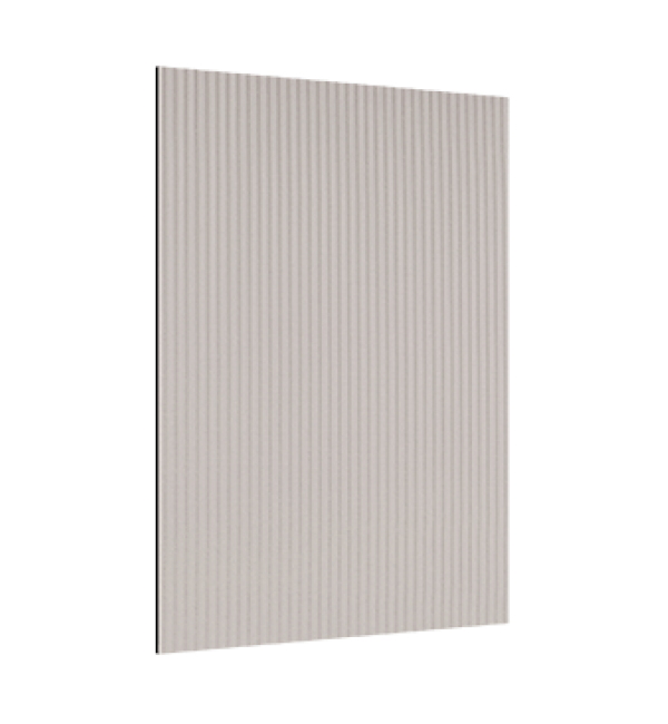 Grey fluted decorative laminate with vertical ridges and Echoe finish on a flat rectangular sheet against a white background.