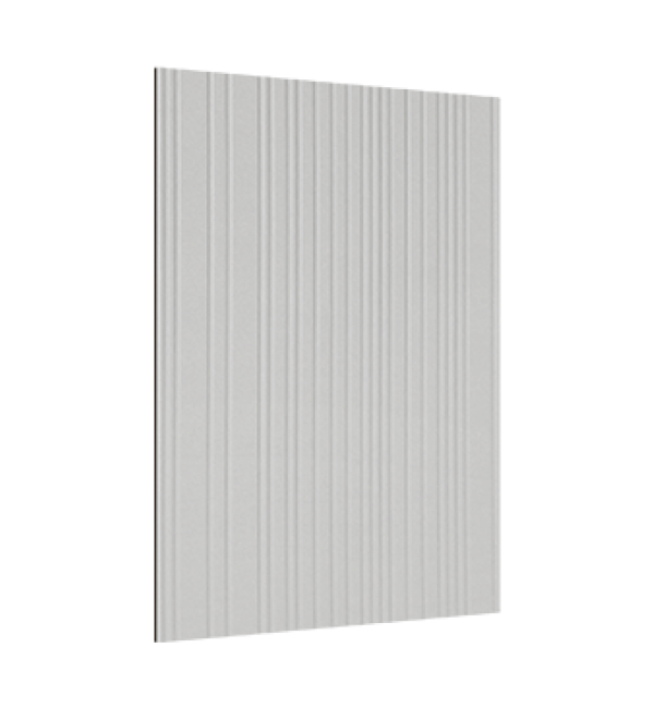 Grey fluted decorative laminate with vertical ridges and smooth finish on a white background