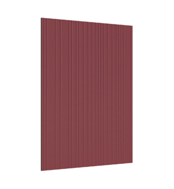 Terracotta red fluted decorative laminate with shore finish and vertical ridges on rectangular sheet against white background