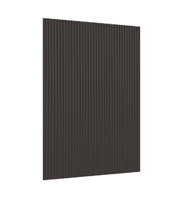 Grey fluted decorative laminate with vertical ridges and matte finish, showcasing textured surface and smooth sheen on