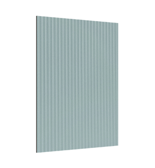 Sea green fluted decorative laminate with vertical grooves and strand finish on rectangular sheet against white background
