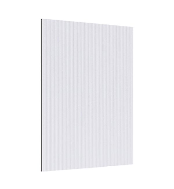 Silver grey decorative laminate with fluted pattern and strand finish, showing vertical ridges and smooth texture on its
