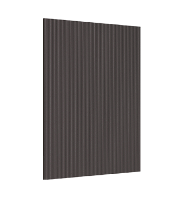 Grey fluted decorative laminate with vertical ridges and strand finish, showing textured surface and uniform pattern.