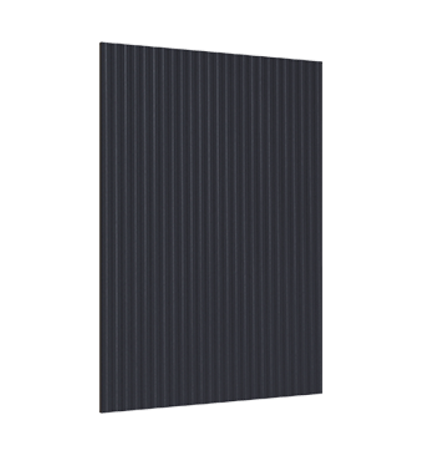 Charcoal decorative fluted laminate with shore finish and vertical ridges on a rectangular sheet.
