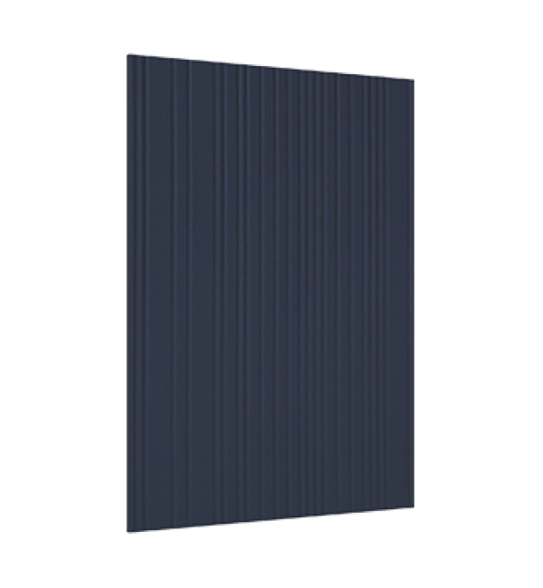 Charcoal decorative fluted laminate with vertical grooves and matte finish.