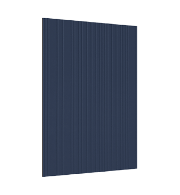 Blue decorative fluted laminate with vertical ridges and matte finish on a white background