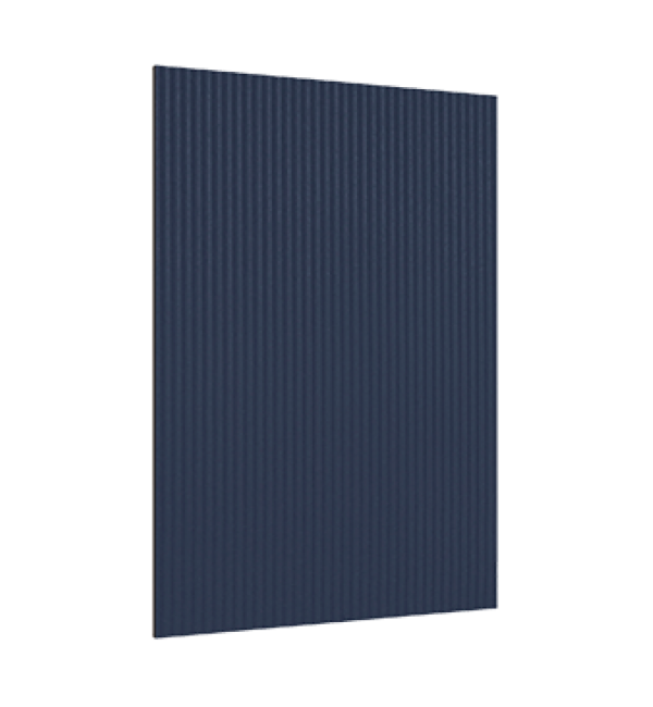 Blue fluted decorative laminate with vertical ridges and shore finish on a rectangular sheet against a white background