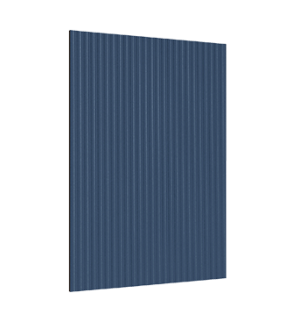 Blue decorative fluted laminate with strand finish and vertical ridges on rectangular sheet against white background
