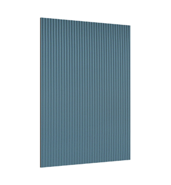 Blue fluted decorative laminate with vertical ridges and Echoe finish on a rectangular sheet against a black background.