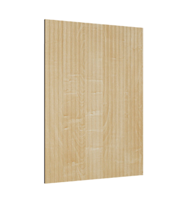 Beige wood grain decorative laminate with strand finish and visible texture on a plain white background.