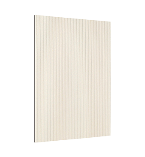 Beige fluted decorative laminate with vertical ridges and strand finish, showcasing textured surface and subtle sheen on