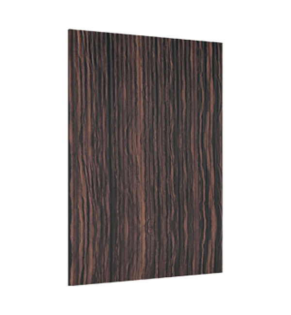 Dark brown wood grain decorative laminate with vertical texture and glossy finish.