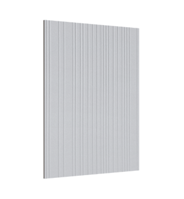 Grey fluted decorative laminate with vertical ridges and shore finish, showing smooth texture and subtle sheen on large flat