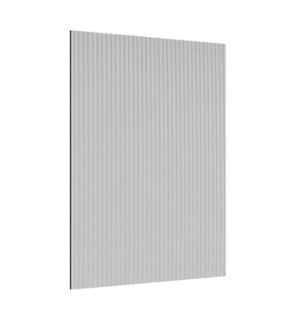 Grey fluted decorative laminate with vertical ridges and smooth finish on a white background