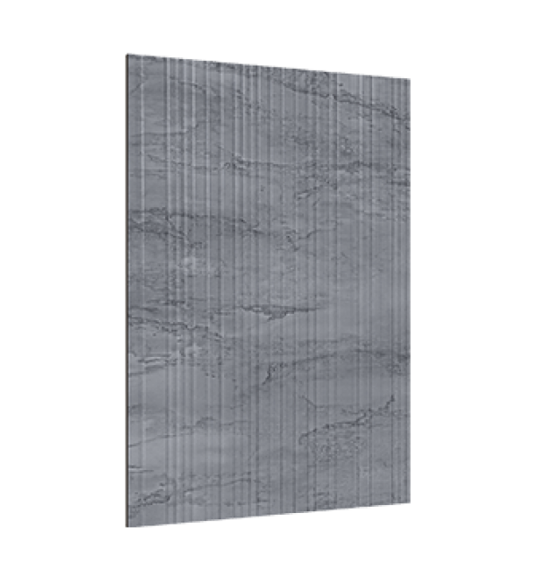 Grey marble laminate with shore finish and textured pattern, showing vertical lines and subtle sheen on its surface.