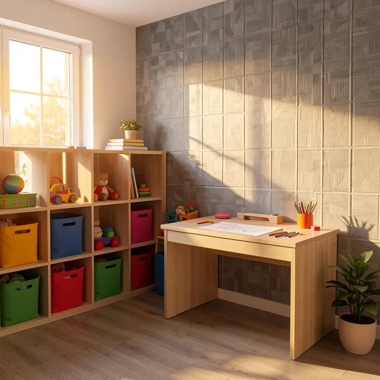 Grey laminate with textured, geometric pattern and subtle sheen.