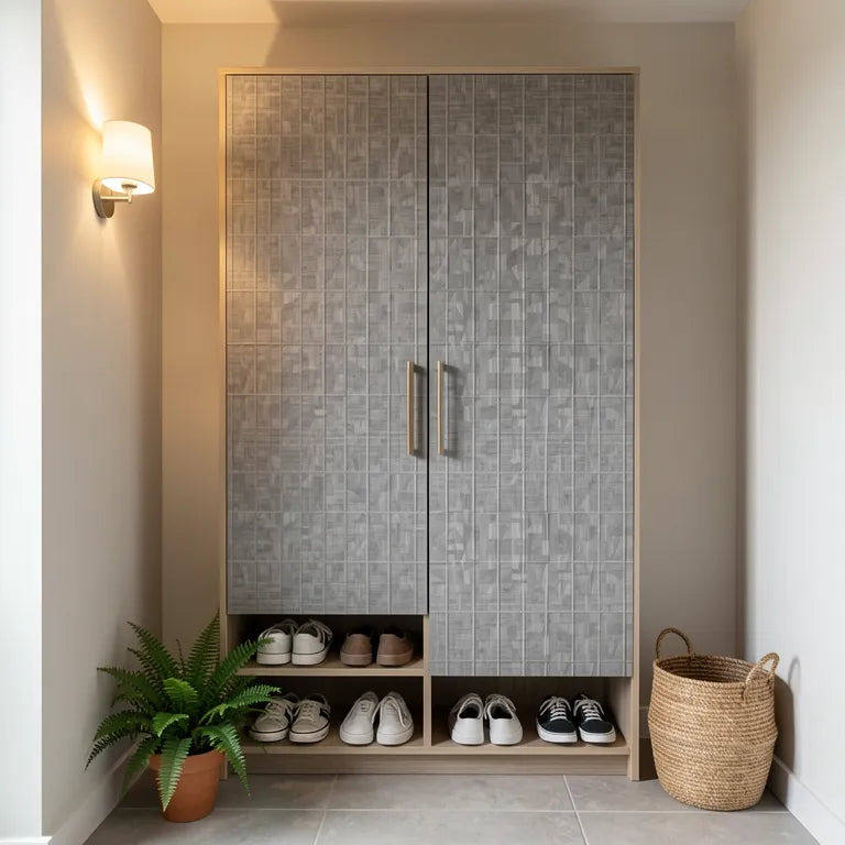 Grey textured laminate with woven cane pattern and matte finish.