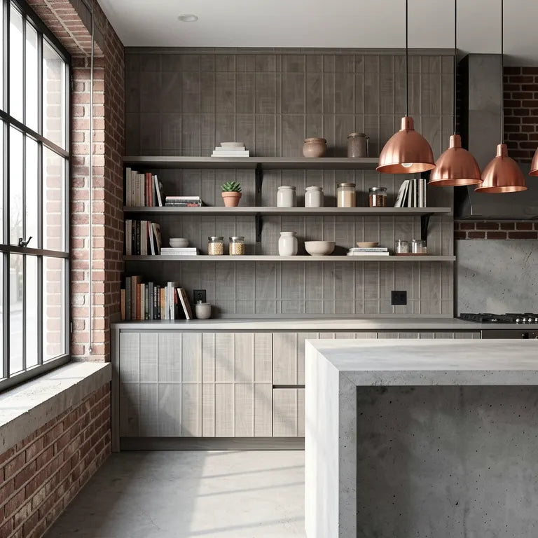 Grey textured laminate with woven cane pattern and matte finish.