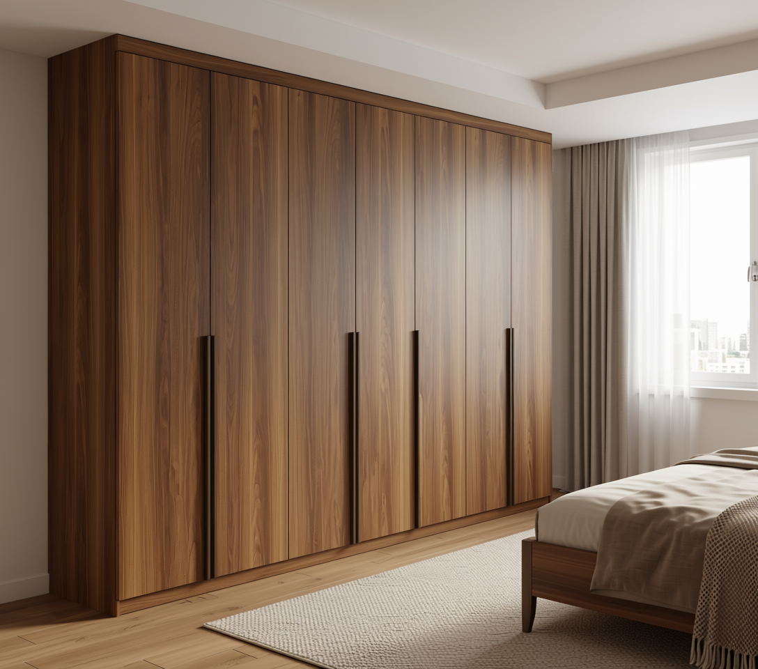 Brown wood laminate with vertical grain and textured finish.