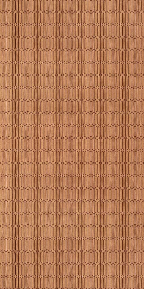 Brown fluted wall panel with textured finish and wood grain pattern, featuring vertical lines and hexagonal design.