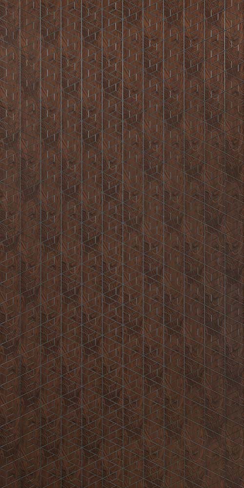 Brown fluted wall panel with textured finish and wood grain pattern, showing vertical ridges and embossed details.