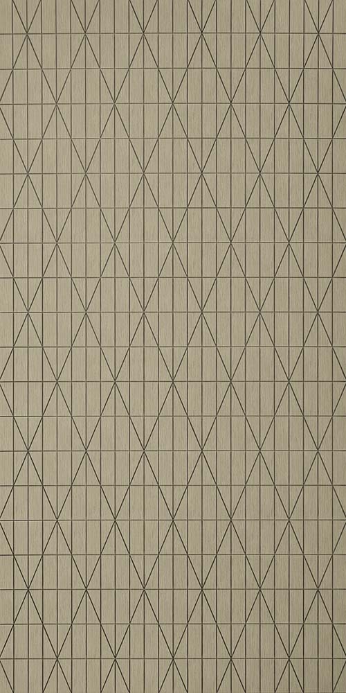 Beige wood grain louver with textured finish and geometric pattern of triangles and grid lines.