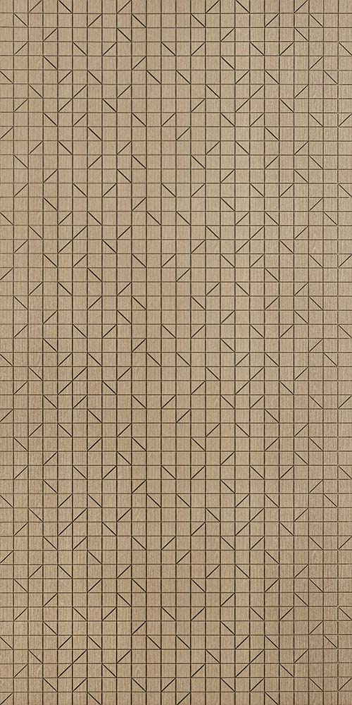 Beige textured louver panel with grid pattern and triangular cutouts, featuring wood grain finish and geometric design.