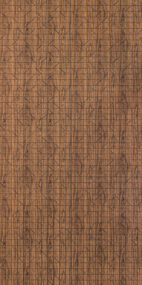 Brown wood grain louver panel with textured finish and geometric pattern, featuring grid design and triangular shapes.