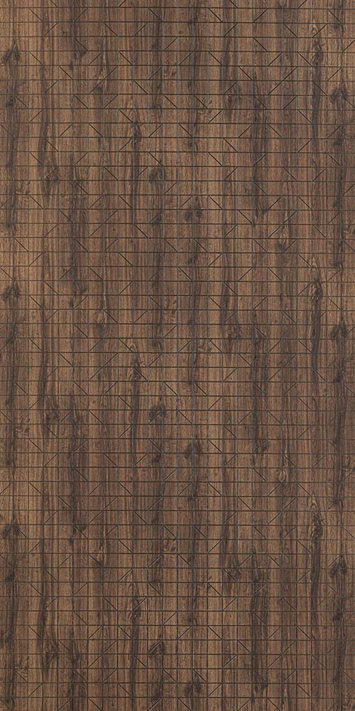 Brown textured louver wall panel with grid pattern and geometric design, featuring wood grain texture and subtle sheen.