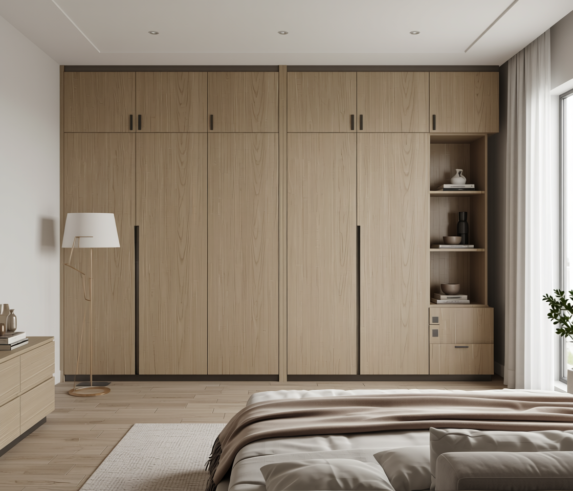 Brown laminate with diagonal wood grain texture and white arched border.