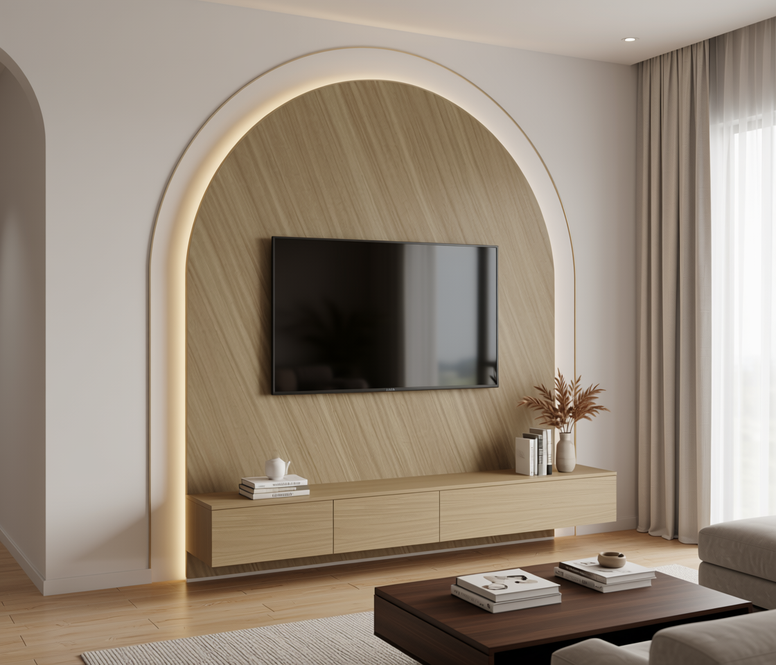 Brown laminate with diagonal wood grain texture and white arched border.