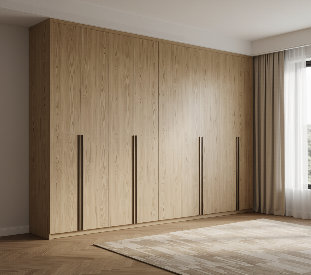 Beige wood grain laminate with diagonal texture and white arched border.
