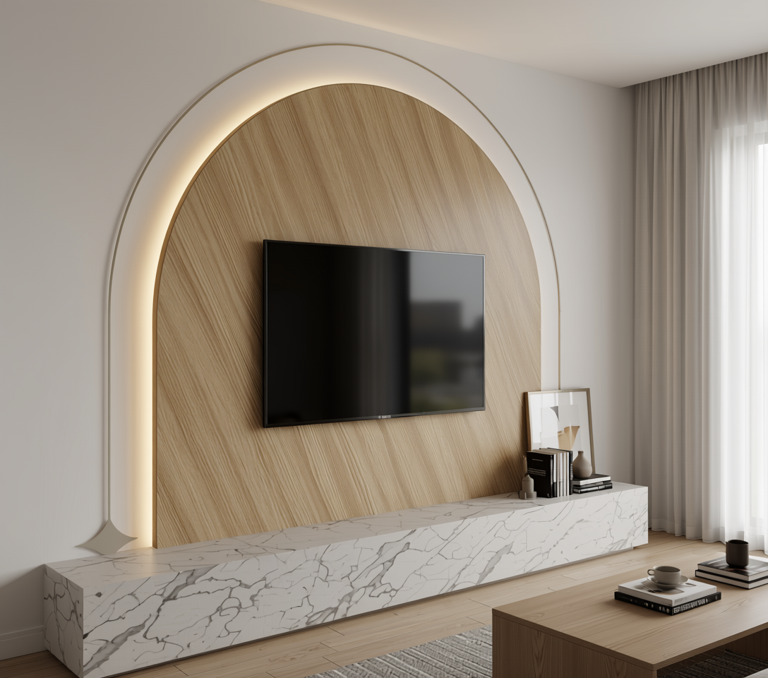 Beige wood grain laminate with diagonal texture and white arched border.