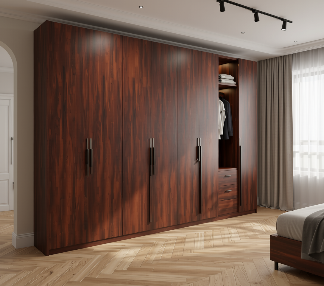Brown wood laminate with diagonal grain pattern and textured finish.
