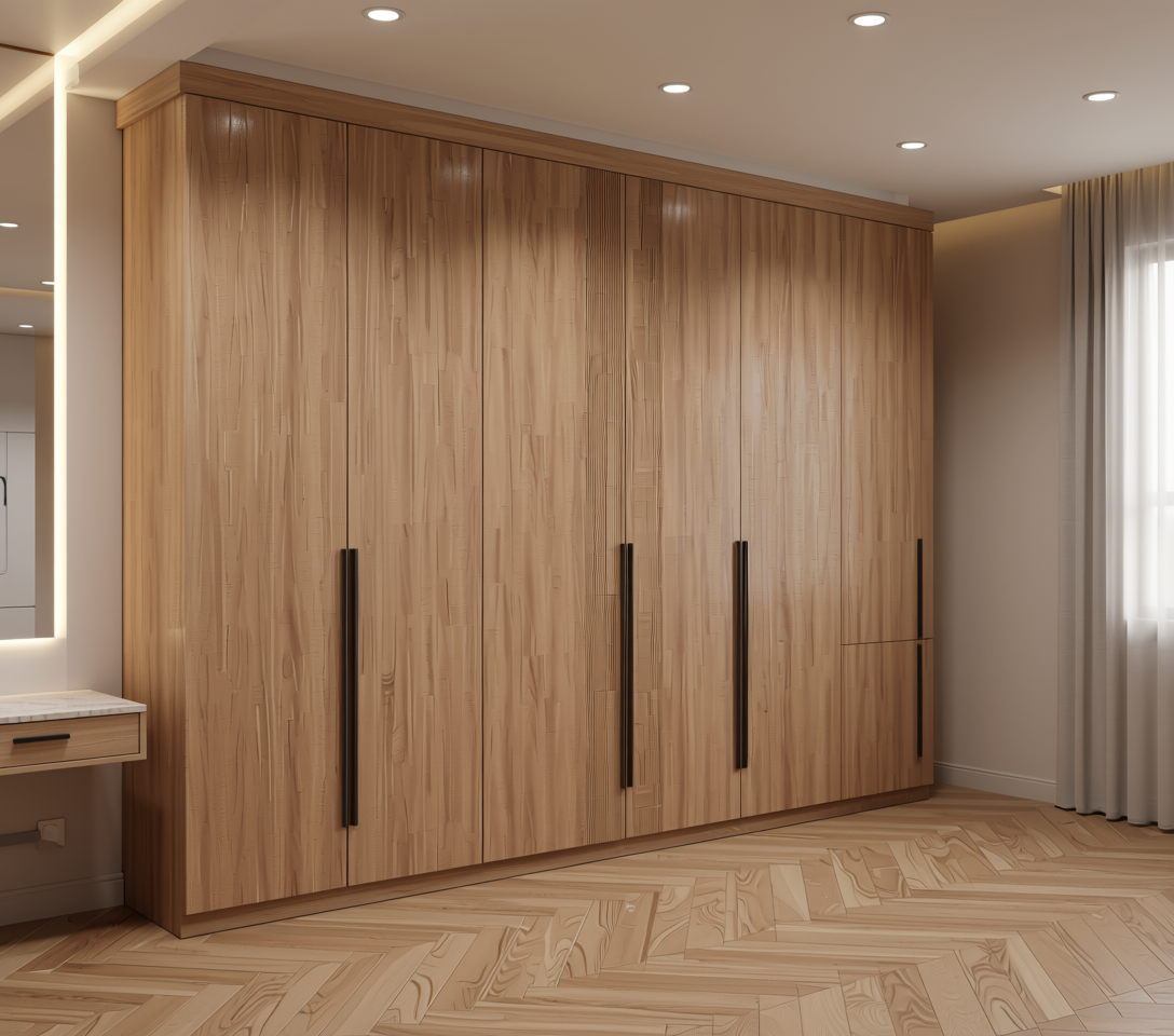 Brown laminate with diagonal wood grain texture and rounded arch shape border.