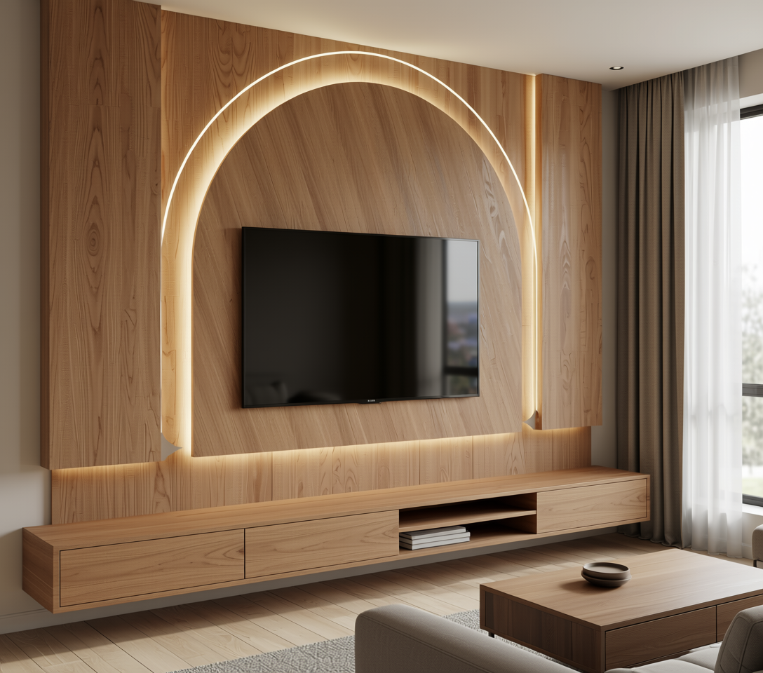 Brown laminate with diagonal wood grain texture and rounded arch shape border.