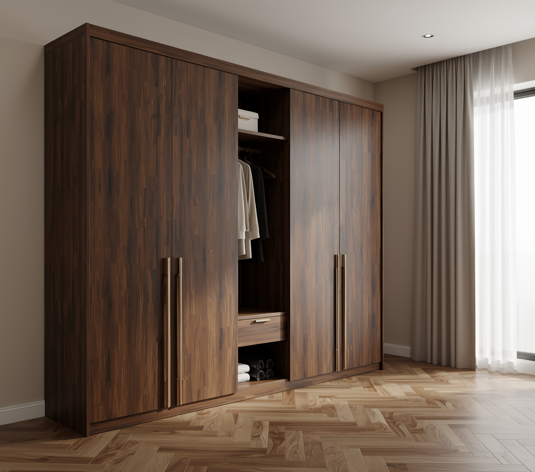 Brown wood laminate with diagonal grain pattern and textured finish.