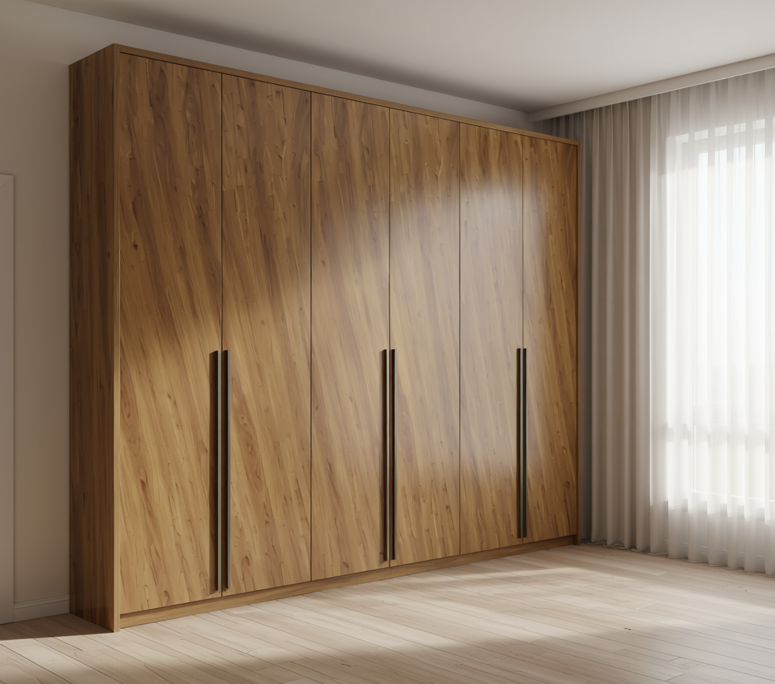 Brown wood laminate with diagonal grain texture and subtle sheen in an arched frame.