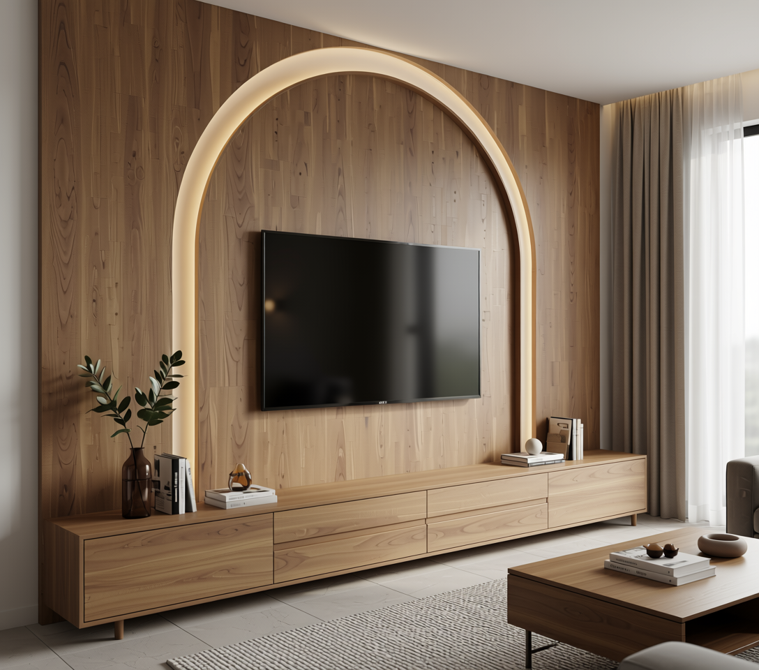 Brown wood laminate with diagonal grain texture and subtle sheen in an arched frame.