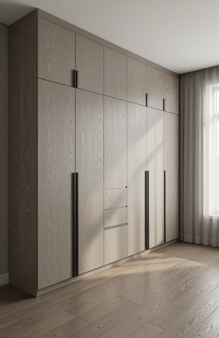 Grey matte laminate with diagonal wood grain texture and subtle pattern variation.