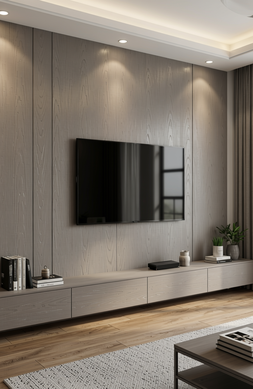 Grey matte laminate with diagonal wood grain texture and subtle pattern variation.