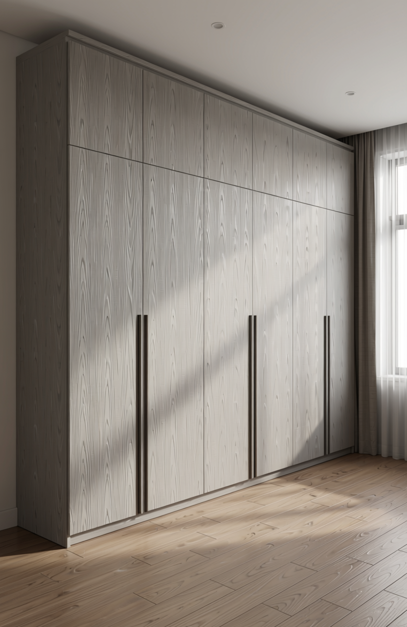 Grey laminate with diagonal texture and subtle sheen, featuring a uniform pattern and grain direction.