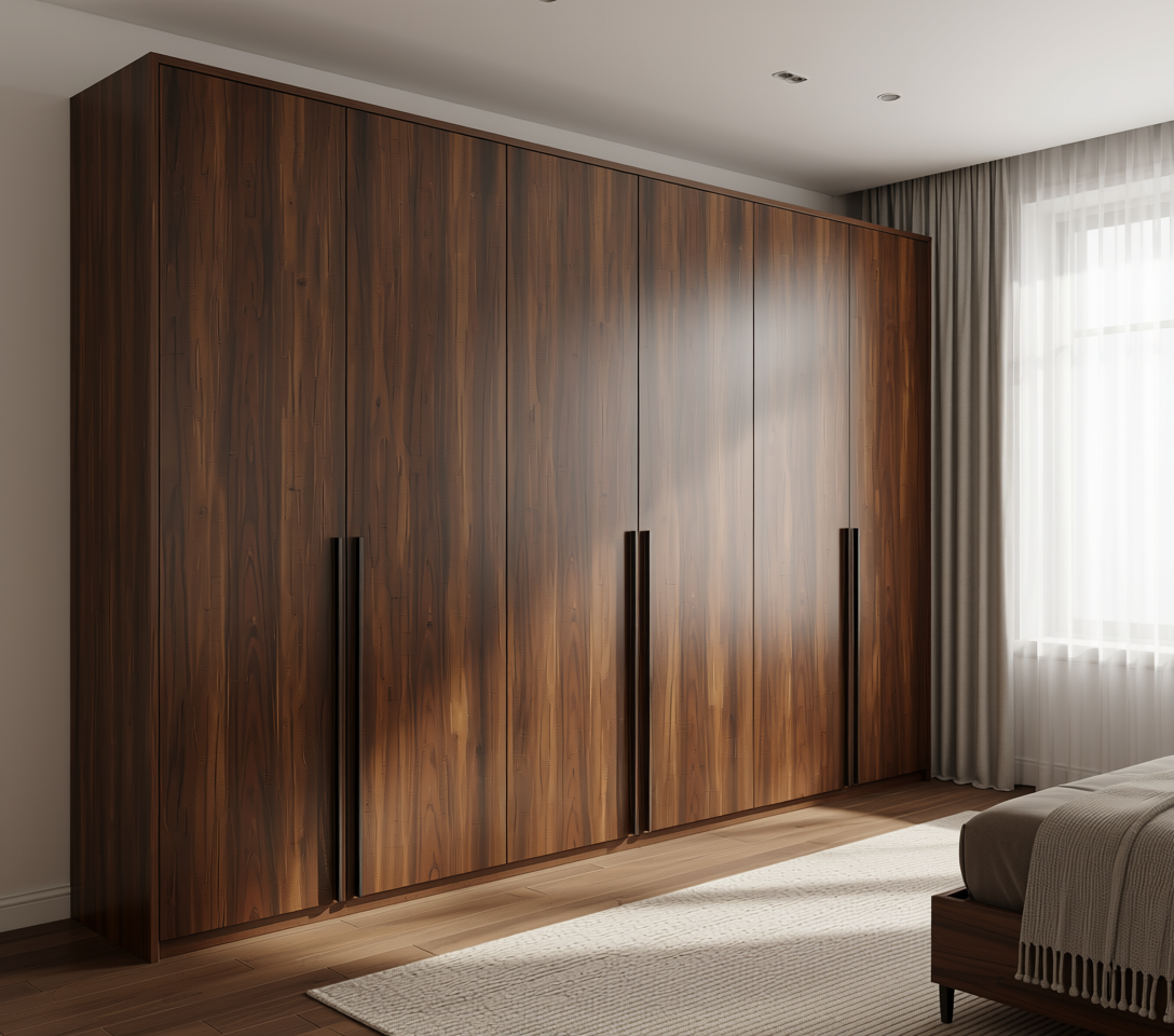 Brown wood laminate with diagonal grain texture and white arched border.