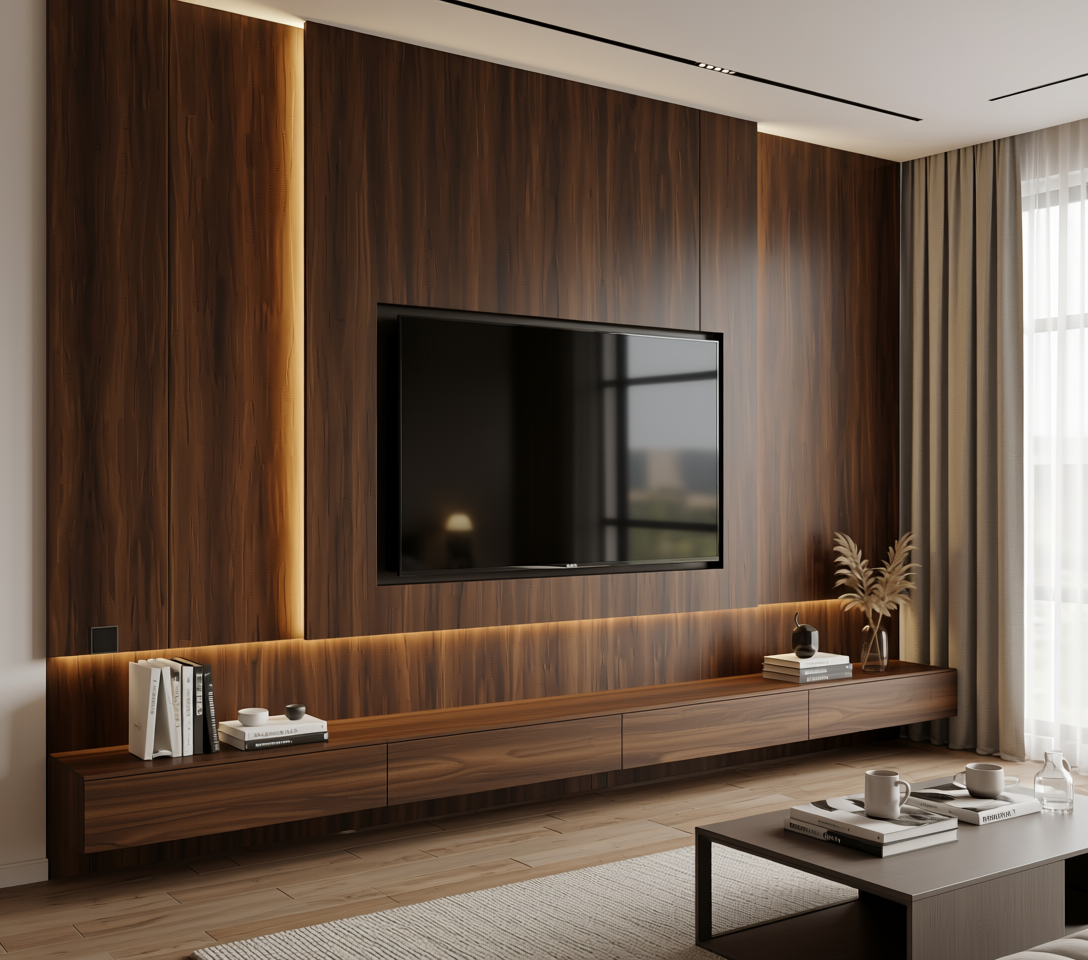 Brown wood laminate with diagonal grain texture and white arched border.
