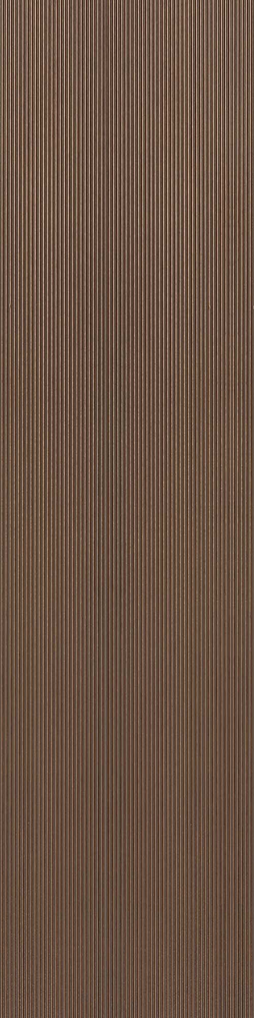 Brown fluted wall panel with textured finish and vertical grooves, showing a detailed pattern of closely spaced ridges.