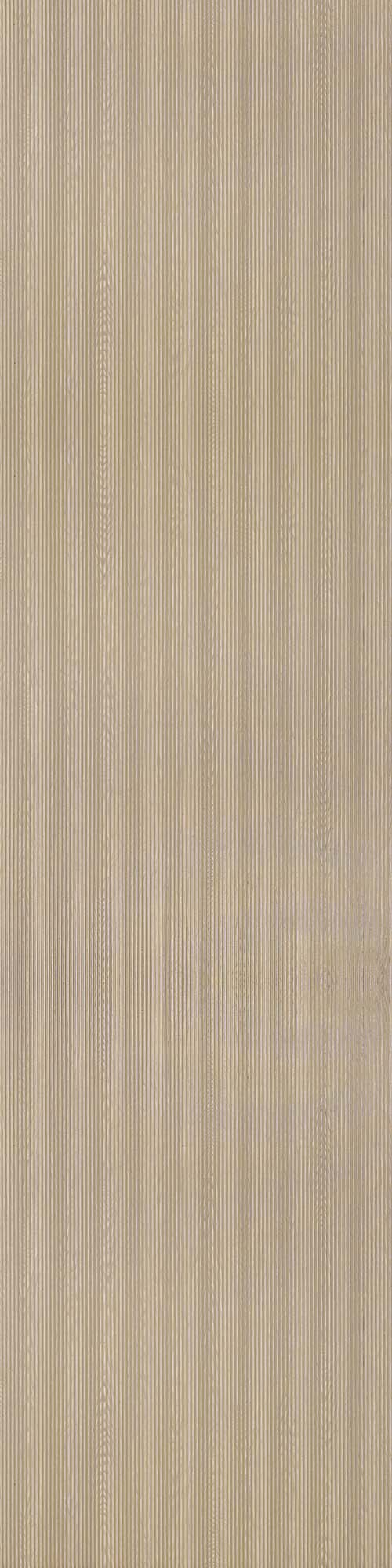 Beige fluted wall panel with textured finish and vertical ridges, showing a subtle wood grain pattern and slight sheen.