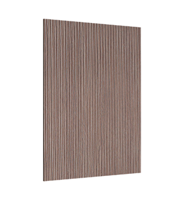 Brown fluted decorative laminate with vertical ridges and smooth finish, showcasing a textured pattern on a rectangular